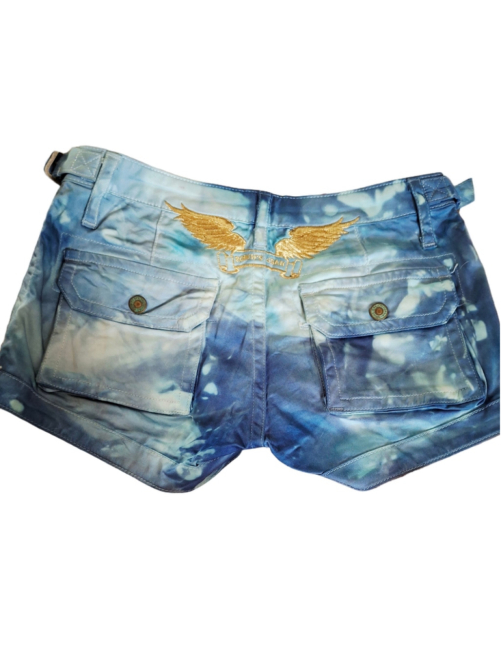 Robin's Jean Y2K Shorts Size 26 Blue Gold Embroidered Wings vintage low rise
